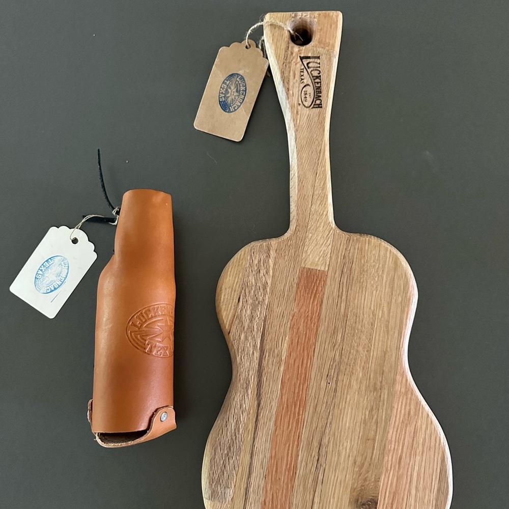 NWT LUCKENBACH TX Guitar Cutting Board + Leather Koozie